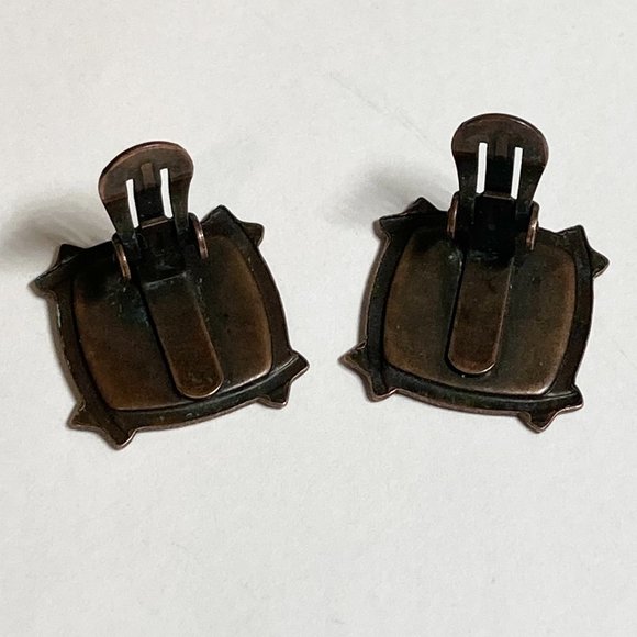 Vintage Copper Enamel Clip On Earrings Orange Red Swirl Artisan Unsigned - Picture 5 of 10